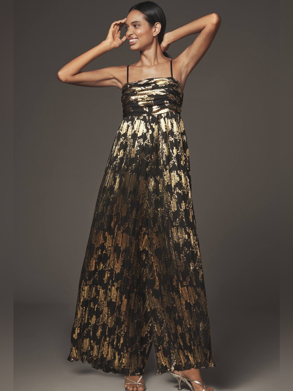Anthropologie Black and Gold Metallic Pleated Maxi Dress